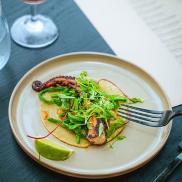 Chicatana's grilled octopus taco with greens and a lime wedge on a plate.